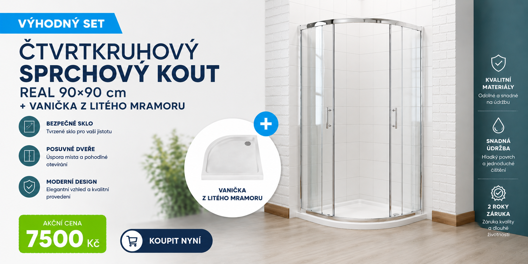 Čtvrtkruhový sprchový kout REAL 90x90 cm s vaničkou z litého mramoru